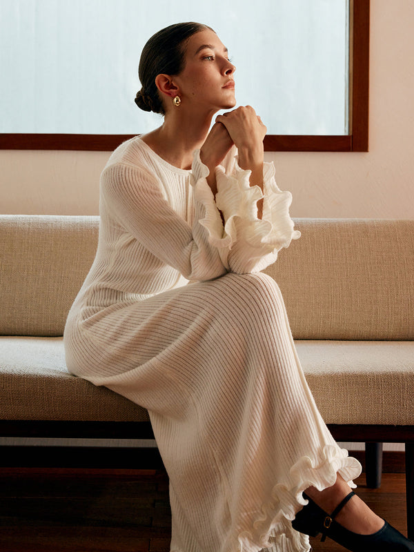 Yarı Şeffaf Fırfırlı Bağcıklı Örgü Elbise