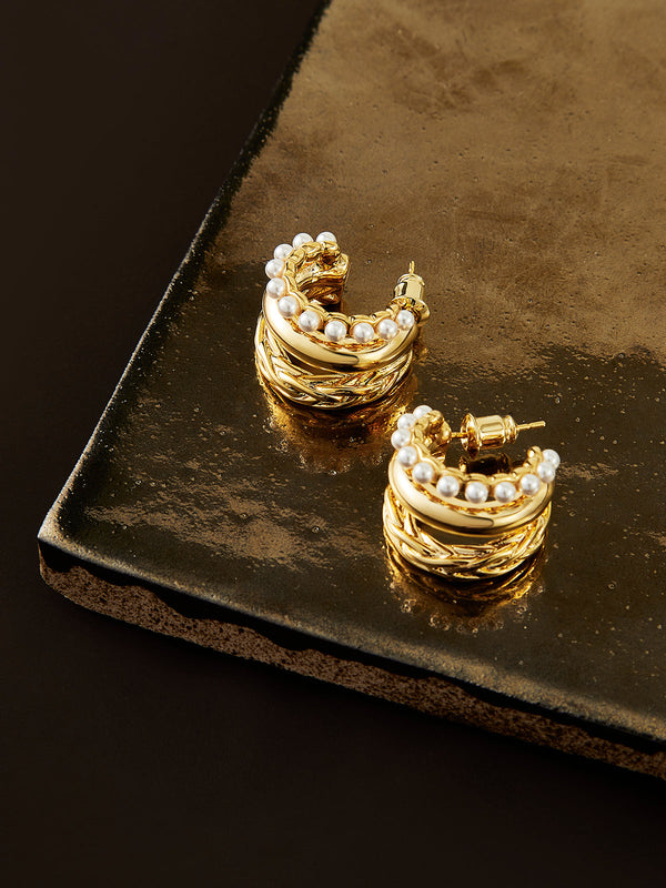Üç Katmanlı İnci Detaylı Halka Küpeler