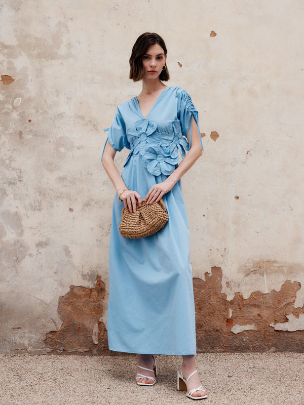 Çiçekli Bağcıklı V Yaka Uzun Elbise