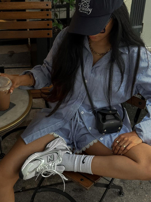 Büyük Boy Çizgili Dokulu Uzun Kollu Şort Takımı