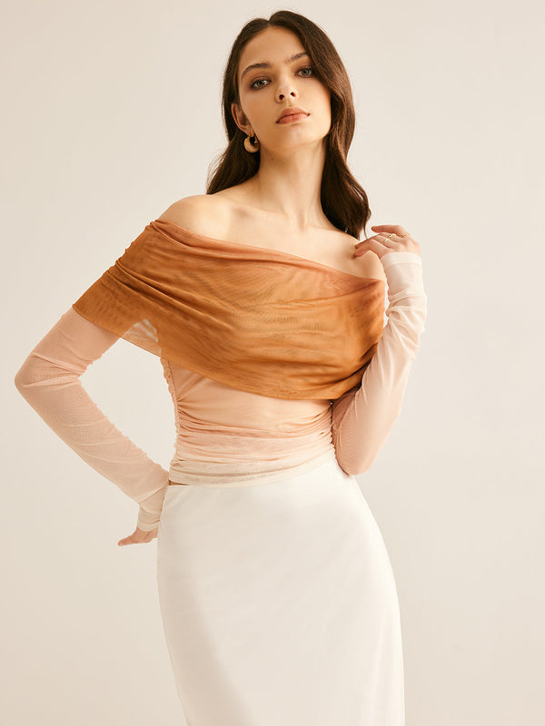 Yarı Şeffaf Omuzdan Askılı Fileli Degrade Bluz