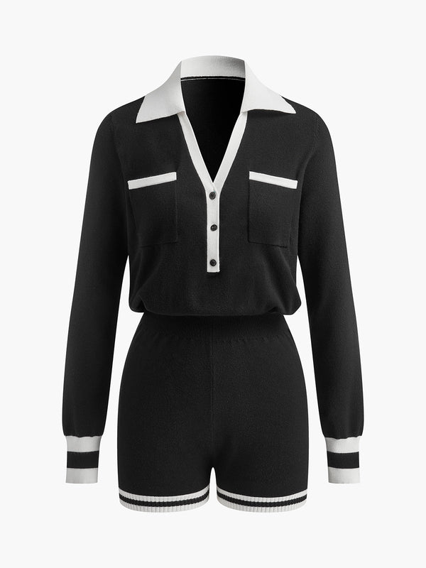 Kontrast Bağlamalı V Yaka Örgü Tulumlar