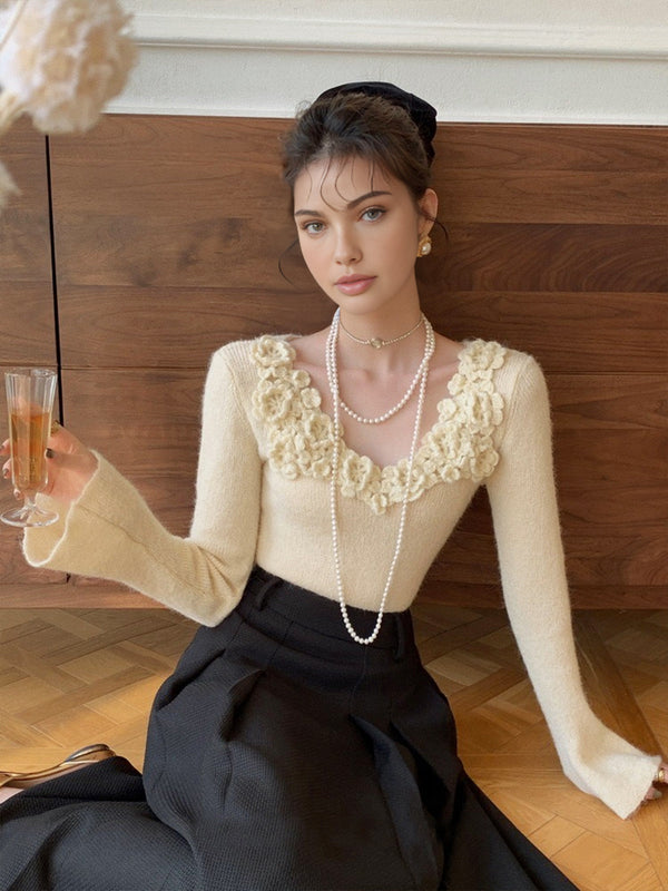 Çiçekli Yakalı Ribana Örgü Üst