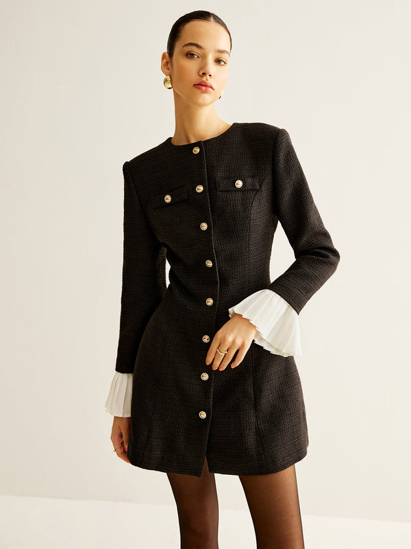 Pileli Manşetli Tüvit Göğüslü Elbise