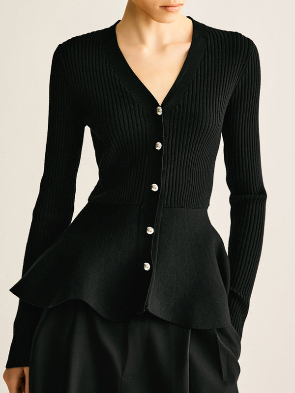 Büyük Boy Ribana Panel Tomurcuk Bel Düğmeli Örgü Üst