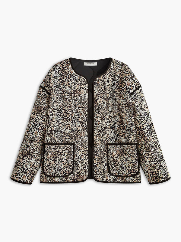 Kontrast Kenarlı Leopar Desenli Kışlık Mont