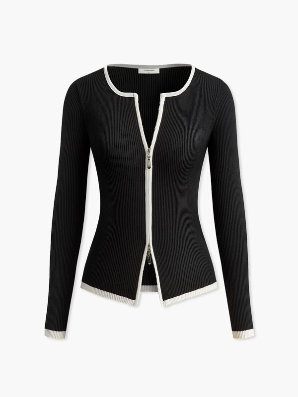 Kontrast Kesim Çift Fermuarlı Örgü Üst