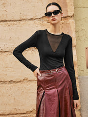 Ribbed Panel Şeffaf Tişört
