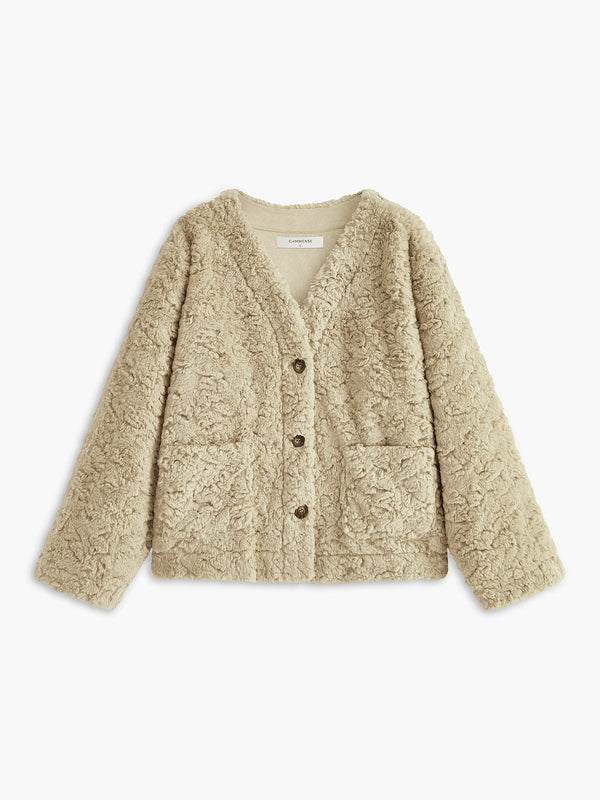 Minky V Yaka Göğüslü Sahte Kürk Manto