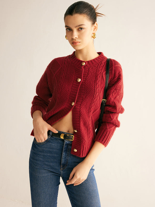 Yuvarlak Yaka Düğmeli Büküm Hırka