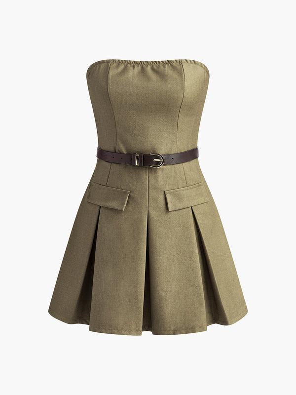 Kemerli Büzgülü Pileli Tüp Elbise