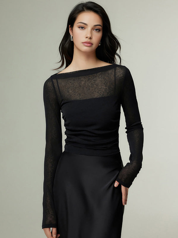 Düz Yaka Şeffaf Panelli Jersey Üst