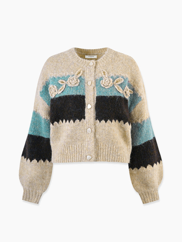 Tiğ İşi Çiçekli Renk Bloklu Hırka