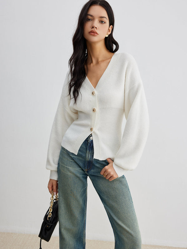 Zarif Düğmeli Yırtmaçlı Büzgülü Hırka