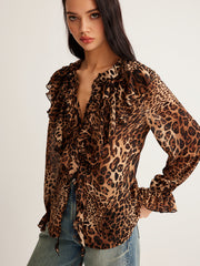 Leopar Desenli Volanlı Bluz
