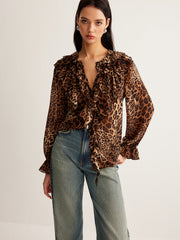 Leopar Desenli Volanlı Bluz