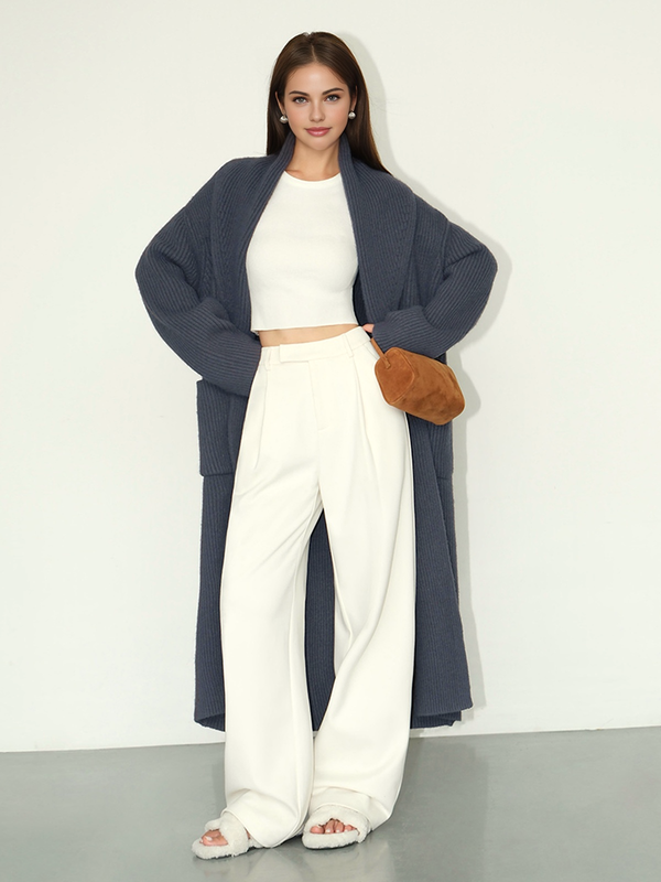 Düz Ribana Cepli Uzun Hırka