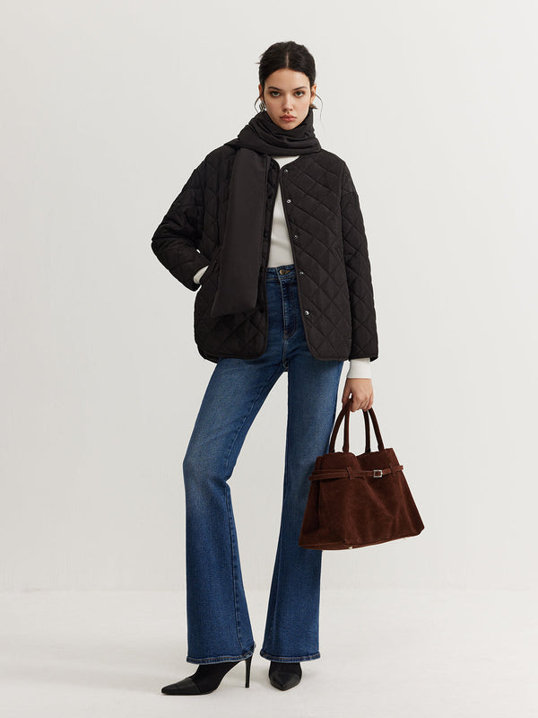 Düz Kapitone Düğmeli Kışlık Mont Ve Eşarp