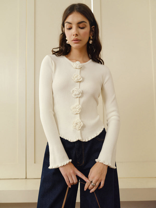 3D Çiçekli Marul Kenarlı Hırka