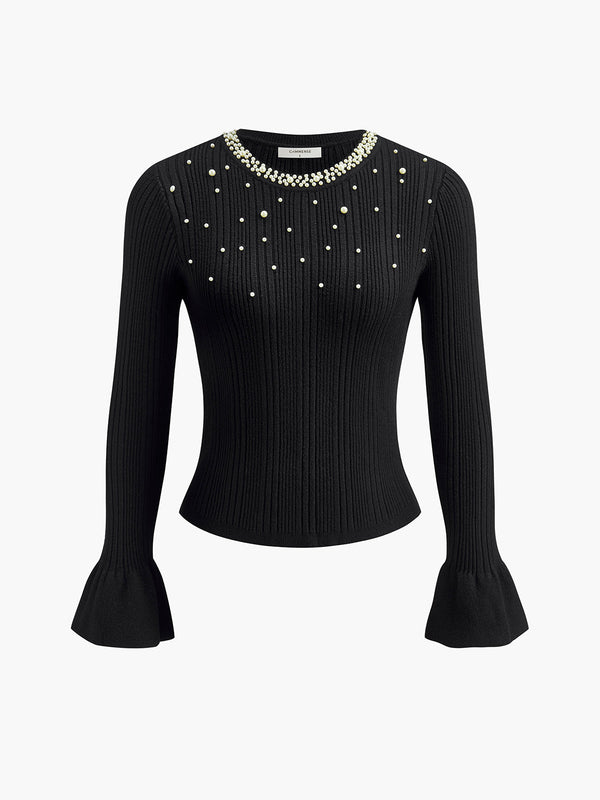 İnci Dekorlu Volanlı Manşetli Örgü Üst