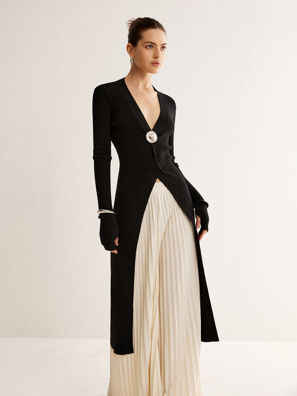 Metal Dekorlu Bölünmüş Örme Uzun Üst