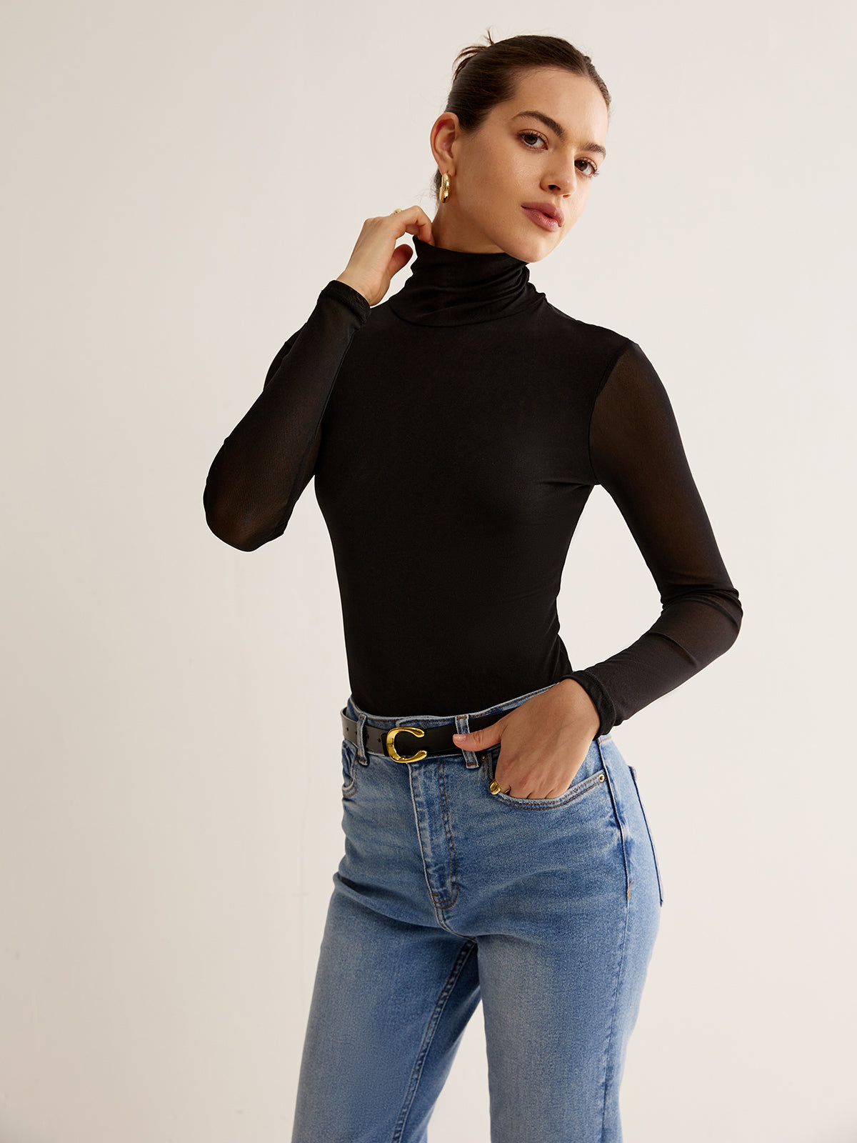 Balıkçı Yaka Şeffaf Kollu Jersey Üst