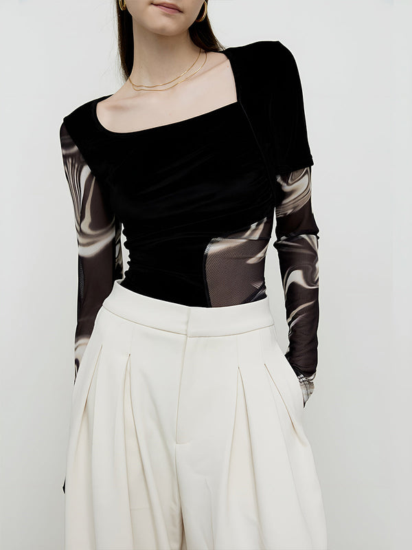 Yarı Şeffaf Geometrik Baskılı Dosya Jersey Üst