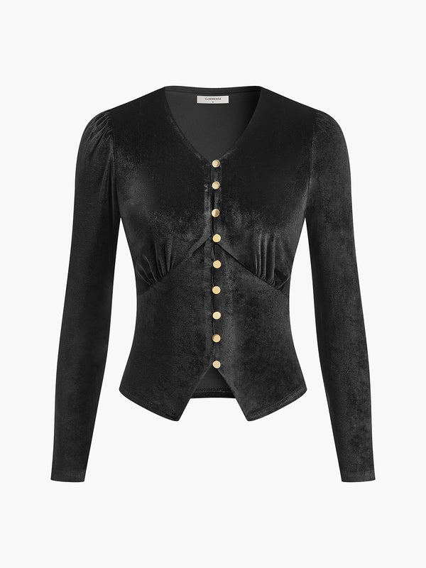 Kadife Bölünmüş Düğmeli Üst