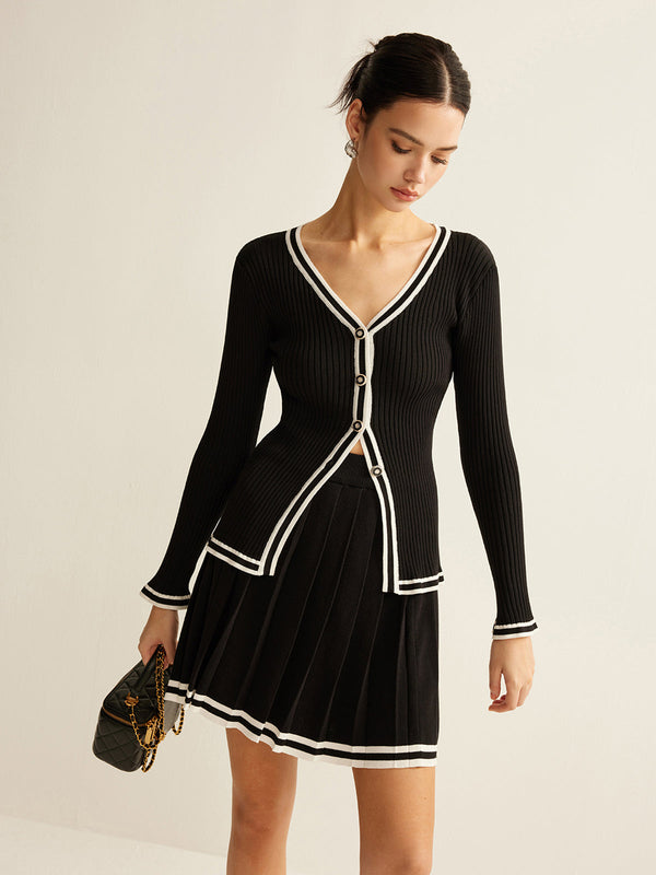 Kontrast Kesim Pileli Örme Etek Takımı