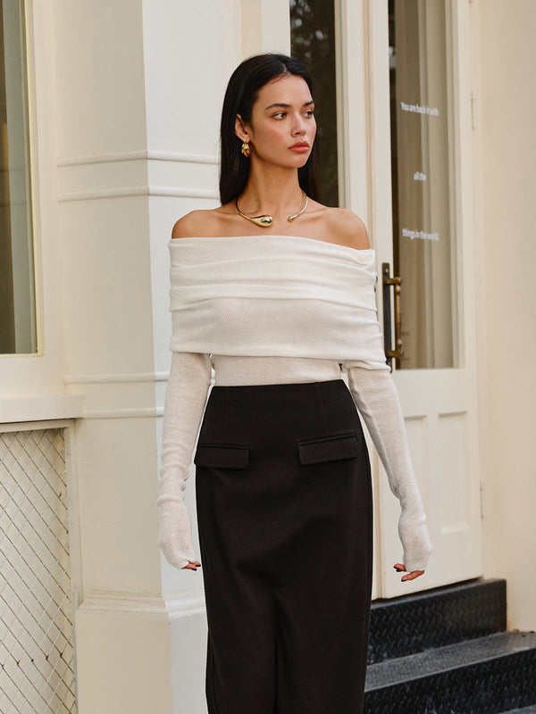 Yün Karışımlı Soğuk Omuzlu Buzgülü Örgü Üst