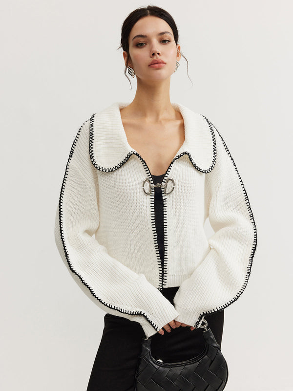 Kontrast Trim Mıknatıslı Kapatmalı Örgü Üst