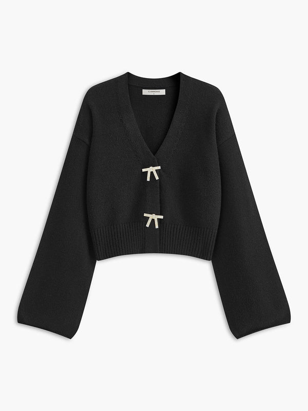 V Yakalı Yapay Elmaslı Fiyonklu Hırka