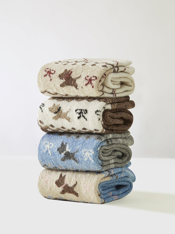 1Pr Yün Karışımlı Köpek Desenli Çoraplar