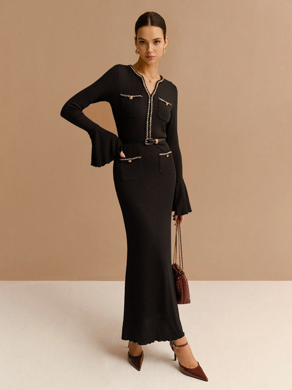 Zarif Kontrast Bağlamalı Volanlı İnce Elbise Kemersiz