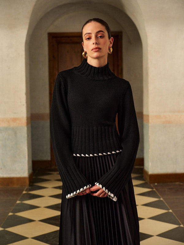 Yün Karışımlı Kontrast Bağlamalı Ribana Örgü Üst