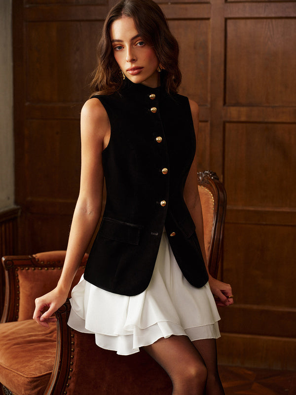 Şifon Etekli Düğmeli Yırtmaçlı Kadife Üst Takımı