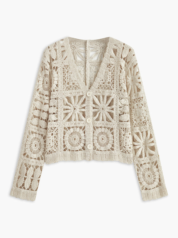 Tığ İşi Kare Desenli Düğmeli Hırka