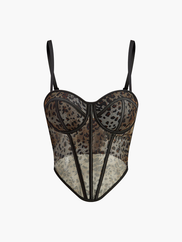 Yarı Şeffaf Leopar Desenli Spagetti Askılı Korse