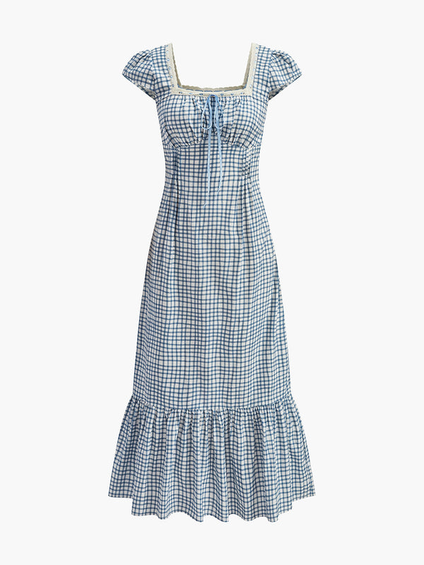 Ekose Baskılı Dantel Panelli Elbise