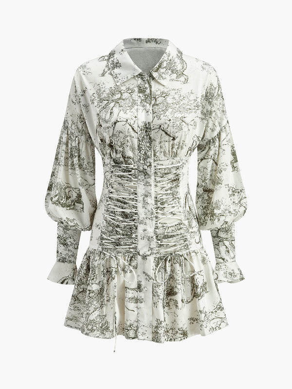 Önü Bağcıklı Çiçekli Puf Kollu Elbise