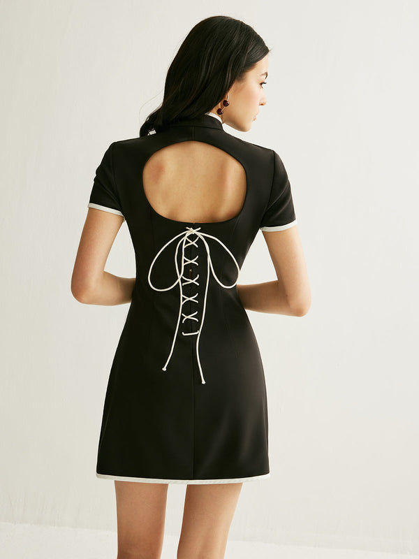 Renk Bloklu, Kesik, Bağcıklı Elbise