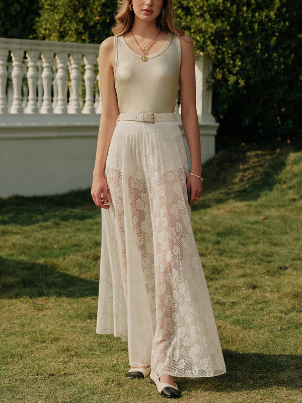 Kemerli Şeffaf Dantel Yırtık Etek