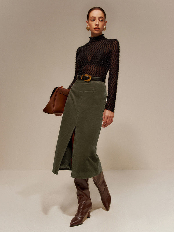 Kemersiz Önü Bölünmüş Kadife Etek