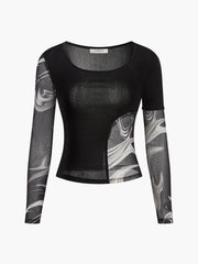 Yarı Şeffaf Geometrik Baskılı Dosya Jersey Üst