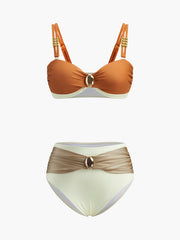 Desenli Renk Bloklu Retro Bikini Takımı