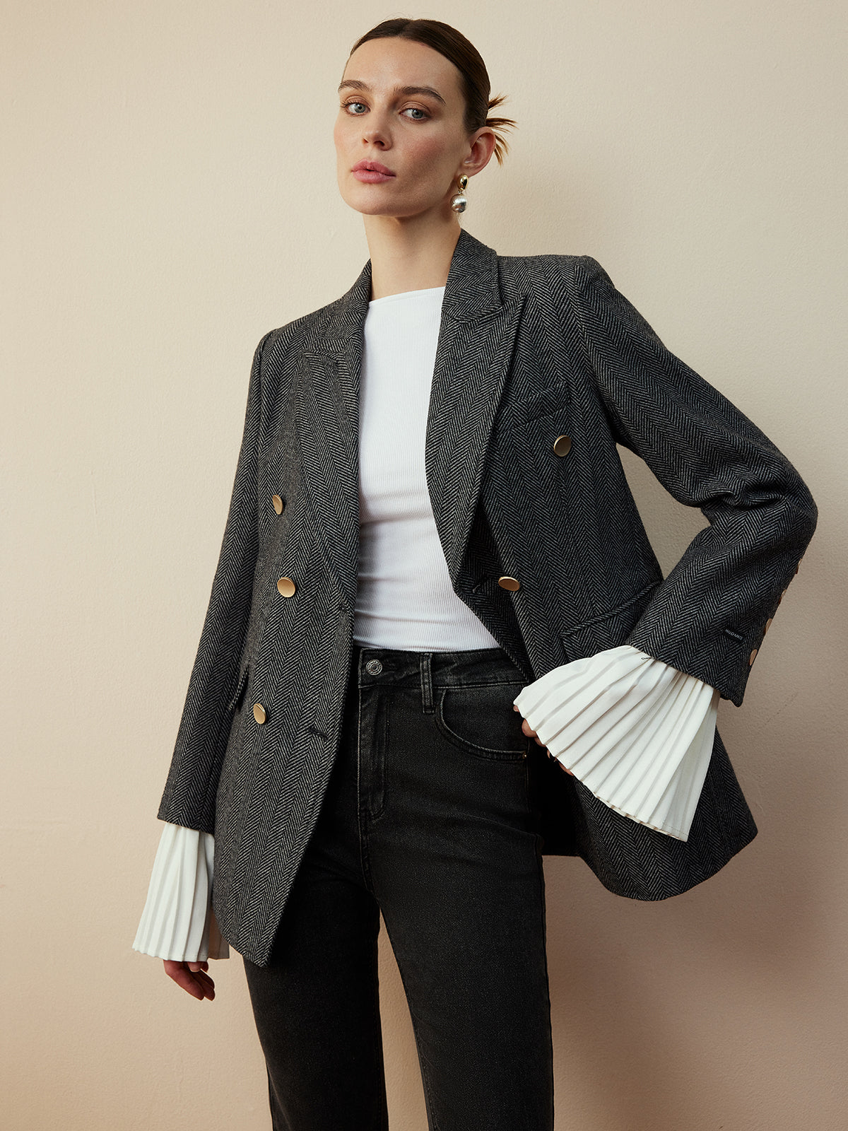 Yün Karışımlı Şevron Tüvit Kesim Blazer