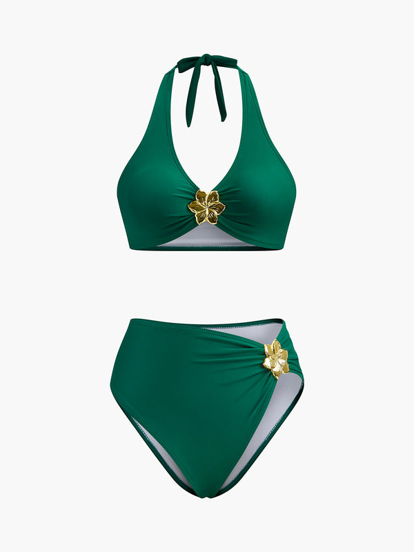 Metal Çiçek Detaylı Boyundan Bağlamalı Bikini Takımı