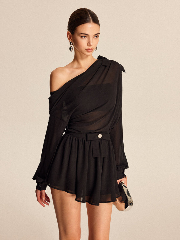 Yarı Şeffaf Şifon Tek Omuzlu Fiyonk Detaylı Etek Takımı