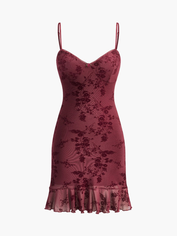 Volanlı Etek Ucu İnce Askılı Çiçekli Elbise