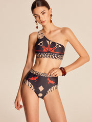 Tribal Baskılı Tek Omuzlu Bikini Takımı